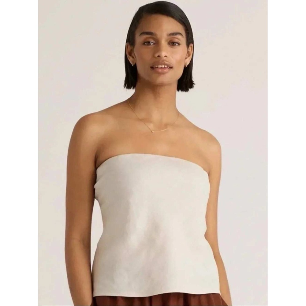 Quince European Linen Strapless Top Womens Large Sand Beige Smocked Back